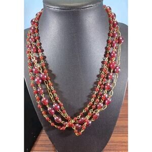 Red Glass Bead Necklace Goldentone 4 Strand Beautiful Costume India Glamorous